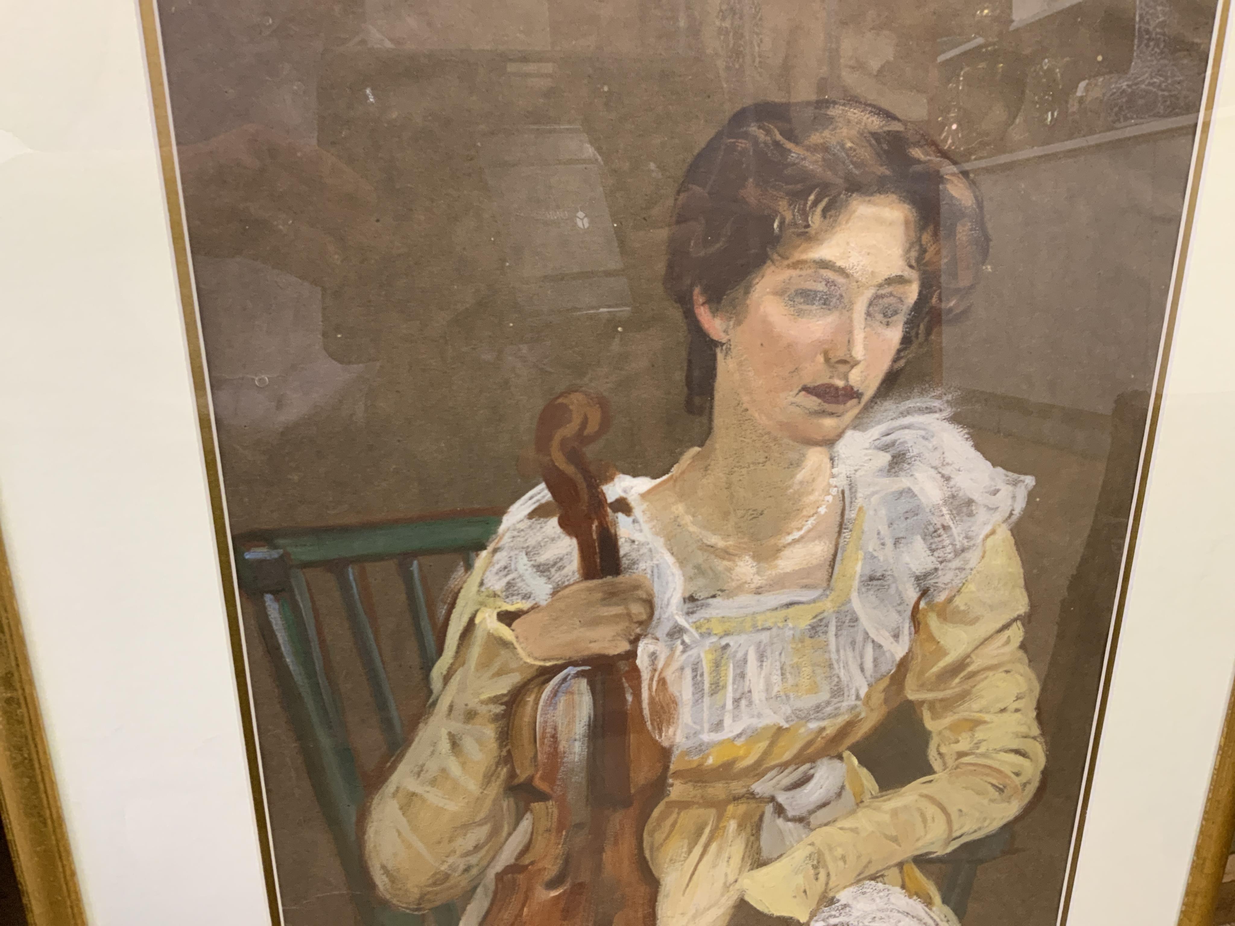 Manner of Harry Mileham (1875-1957), Portrait of a seated lady holding a violin, mixed media, 57 x 38cm